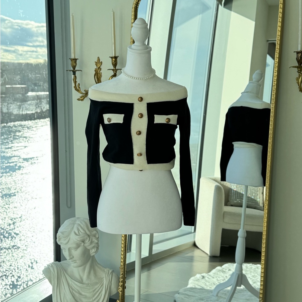 Cider Black and White Off-the-Shoulder Sweater